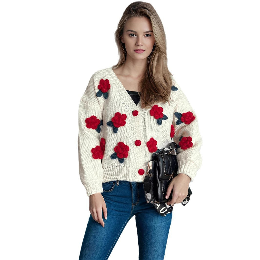 Damen Strickjacke Kuschelig Florales 3D-Design Große Knöpfe Norvielle