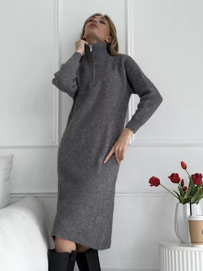 Damen Strickkleid Stehkragen Reißverschluss Norvielle