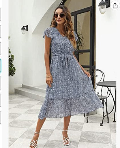 Damen Midi-Kleid Floralmuster Taillengürtel