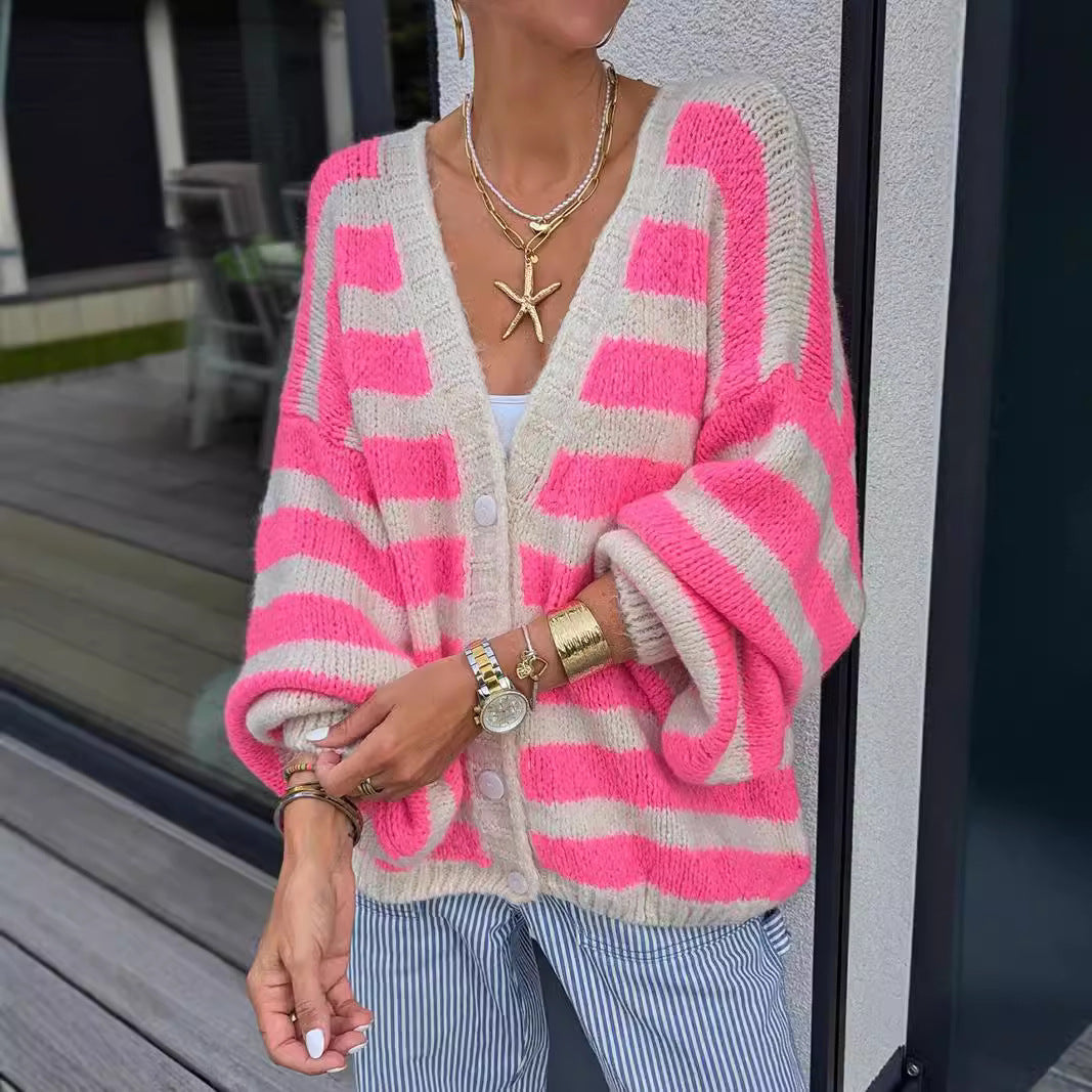 Damen Strickcardigan Lässig Streifenmuster Beige - Norvielle