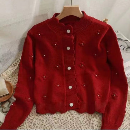 Damen Strickjacke Kuschelig Blumenapplikationen Norvielle
