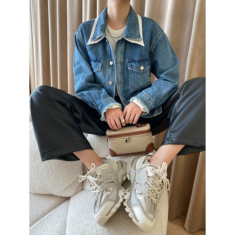 Damen Oversized Jeansjacke mit Kragen und Taschen
