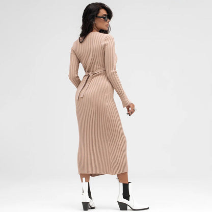 Damen Strickkleid V-Ausschnitt Ribbenstruktur Norvielle