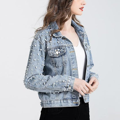 Damen Denimjacke Perlenverzierungen