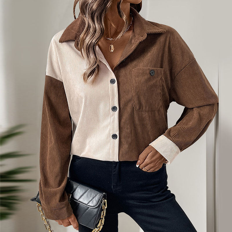 Damen Cordbluse Kontrastdetails Baumwolle Beige
