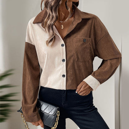Damen Cordbluse Kontrastdetails Baumwolle Beige