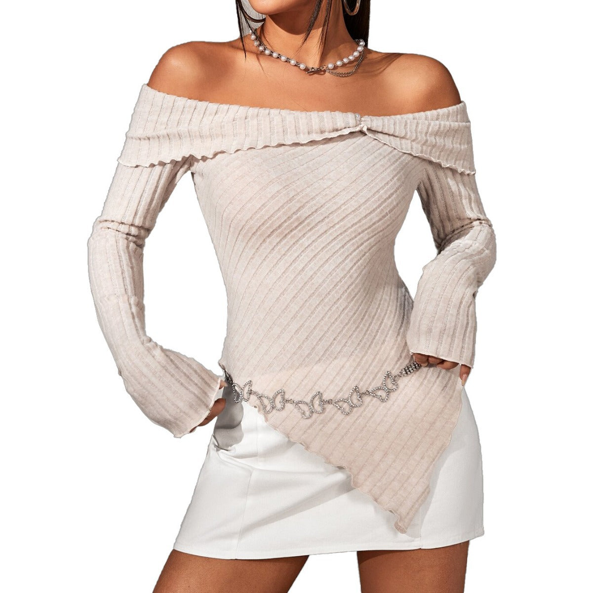 Damen Off-Shoulder- mit Rüschendetails und Bindeband