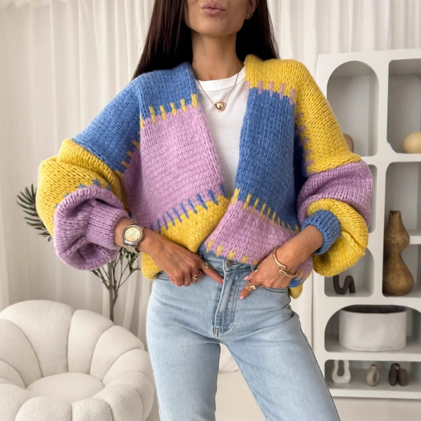 Damen Strickjacke Voluminöse Ärmel Geometrisches Muster Norvielle