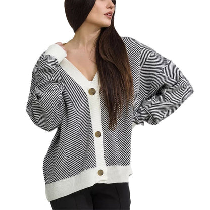 Damen Strickcardigan Chevron Muster Elegante Knöpfe Beige
