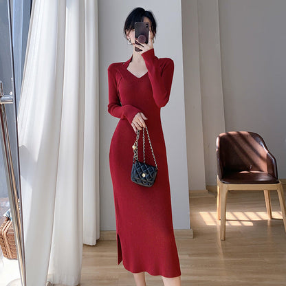 Damen Strickkleid V-Ausschnitt Seitenschlitze Norvielle