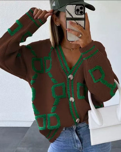 Damen Strickjacke Bunt Muster Knöpfe