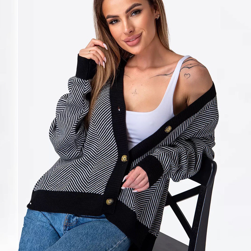 Damen Strickcardigan Chevron Muster Elegante Knöpfe Beige - Norvielle