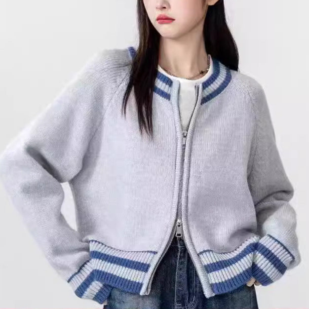 Damen Strickcardigan Sportlich Reißverschluss Gestreift Grün