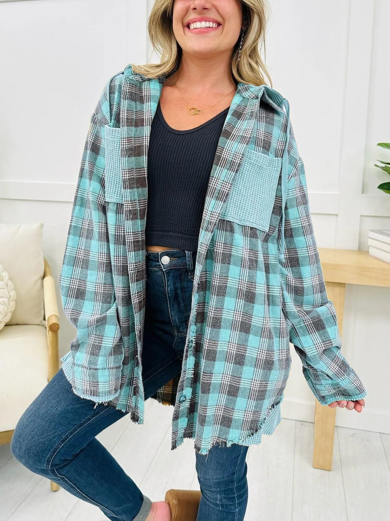Damen Karo-Hemdjacke Oversized mit Fransen Details Norvielle