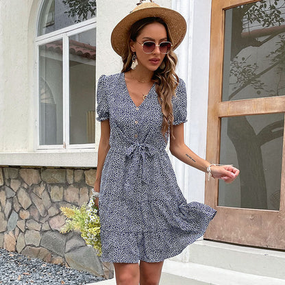Damen Blümchenkleid mit Knopfleiste und Gürtel - Norvielle