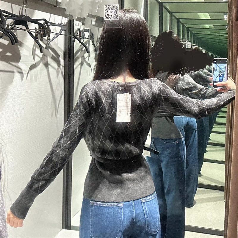 Damen Strickjacke Karomuster Mit Abnehmbarem Gürtel Norvielle