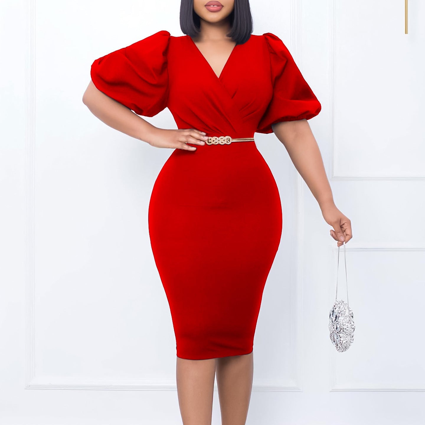 Damen Etui-Kleid Puffärmel Taillengürtel Norvielle
