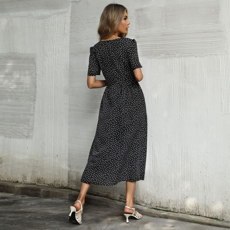 Damen Midi-Kleid Punktmuster Knopfleiste