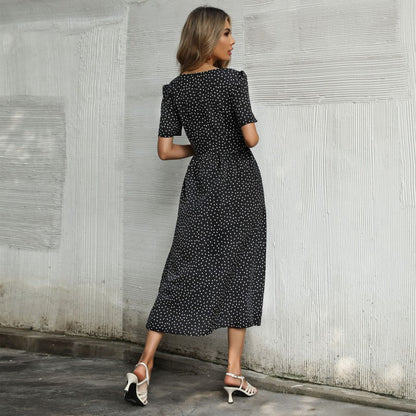 Damen Midi-Kleid Punktmuster Knopfleiste