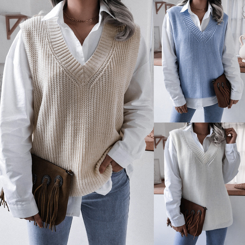 Damen Strickweste V-Ausschnitt Strukturiert Beige - Norvielle