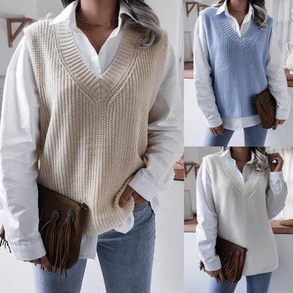 Damen Strickweste V-Ausschnitt Strukturiert Beige - Norvielle