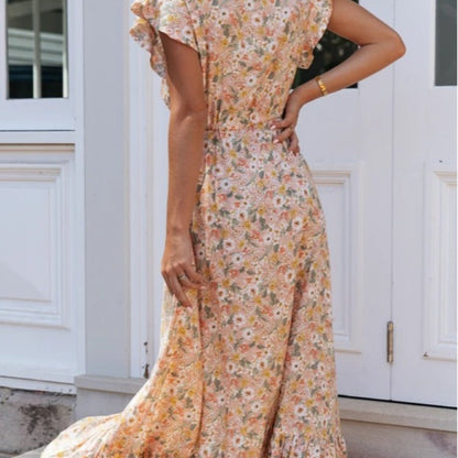 Damen Maxikleid Blumendruck Rüschendetails