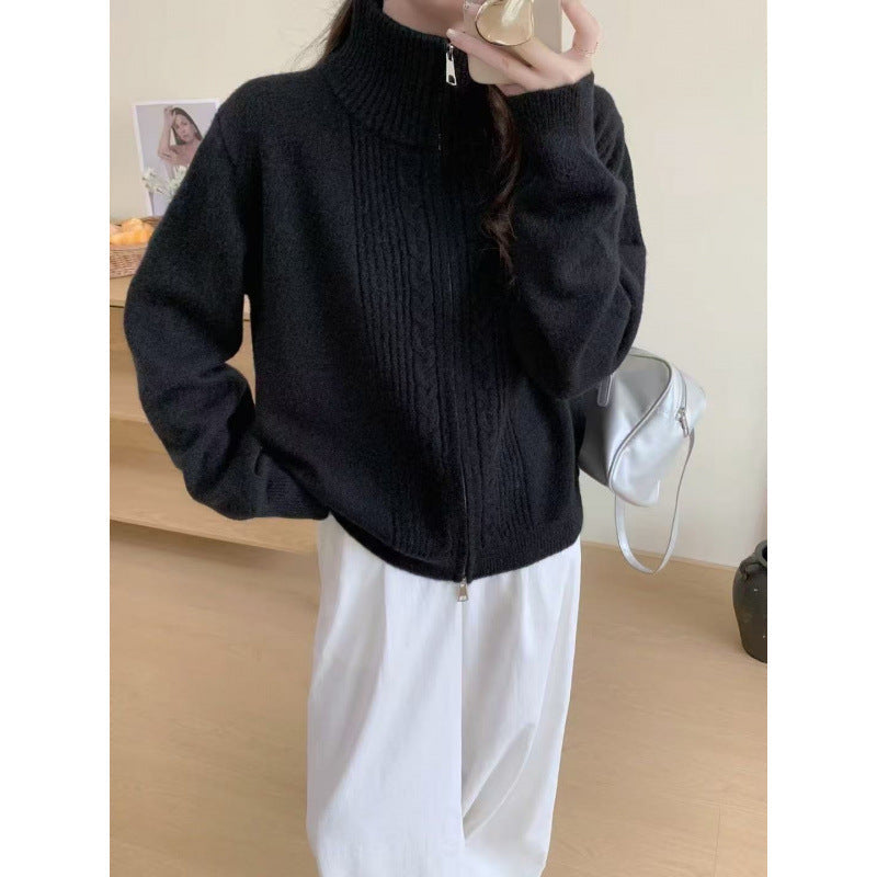 Damen Strickjacke Zippkragen Hochwertig Grün