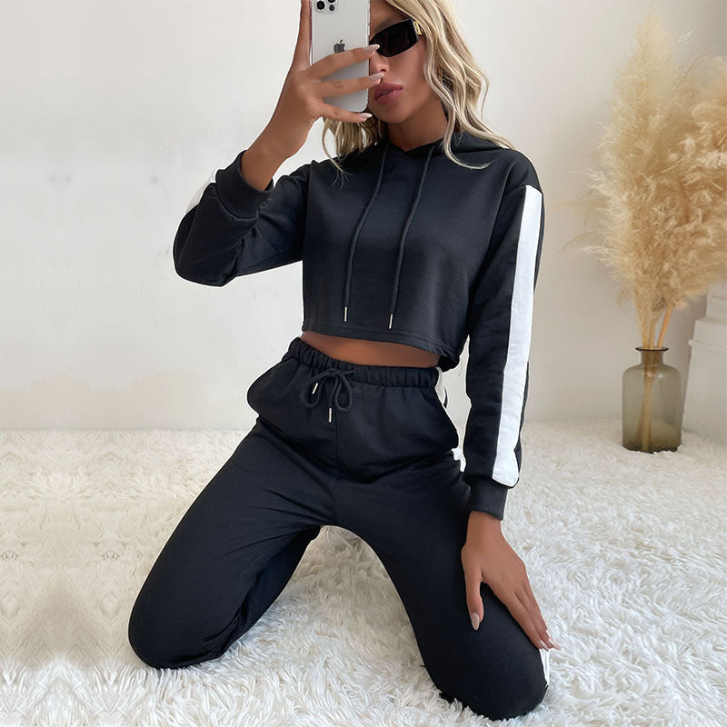 Damen Sport Set Cropped Hoodie Elastische Jogginghose