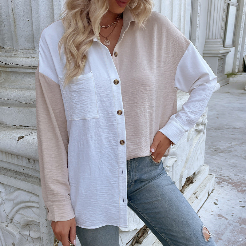 Damen Oversized Blusenhemd 2-Farb-Design Modische Knöpfe Norvielle