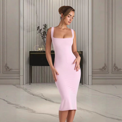 Damen Midi-Kleid Figurumspielend Quadratischer Ausschnitt