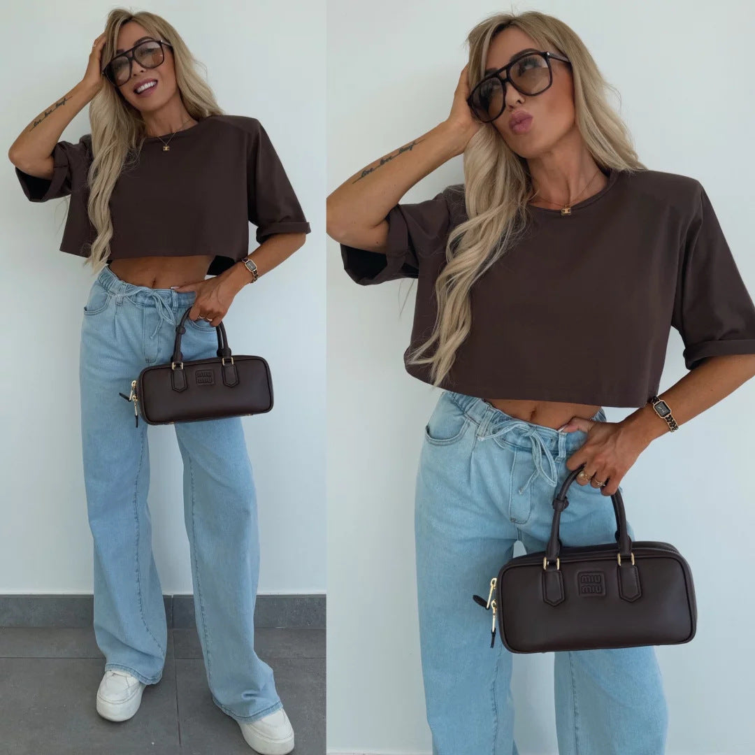 Damen T-Shirt Cropped Baumwolle Weite Ärmel Beige - Norvielle