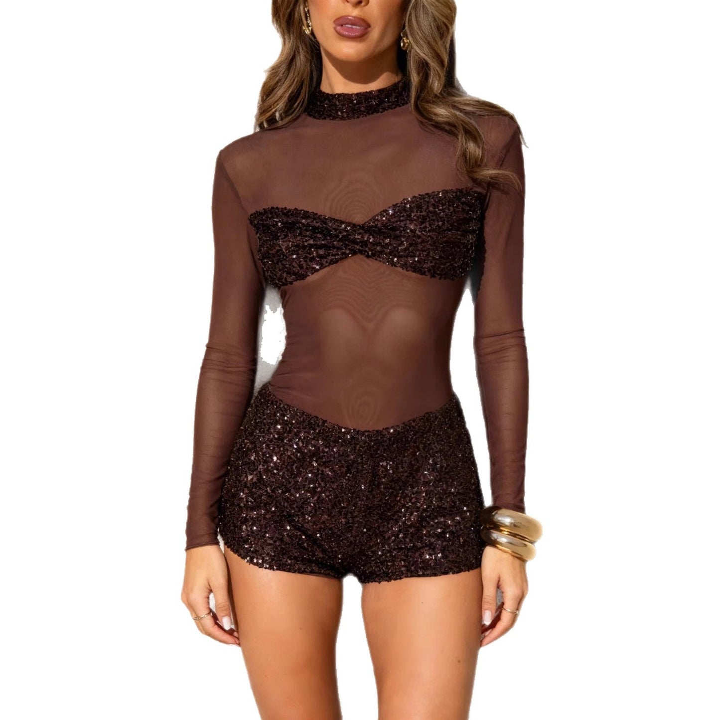 Damen Glitzer Jumpsuit Länge Ärmel Norvielle