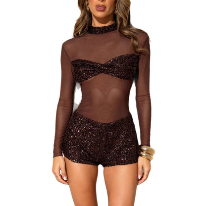 Damen Glitzer Jumpsuit Länge Ärmel Norvielle