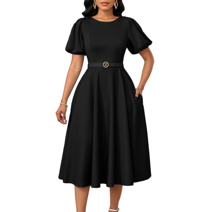 Damen Midi-Kleid Puffärmel Taillengürtel