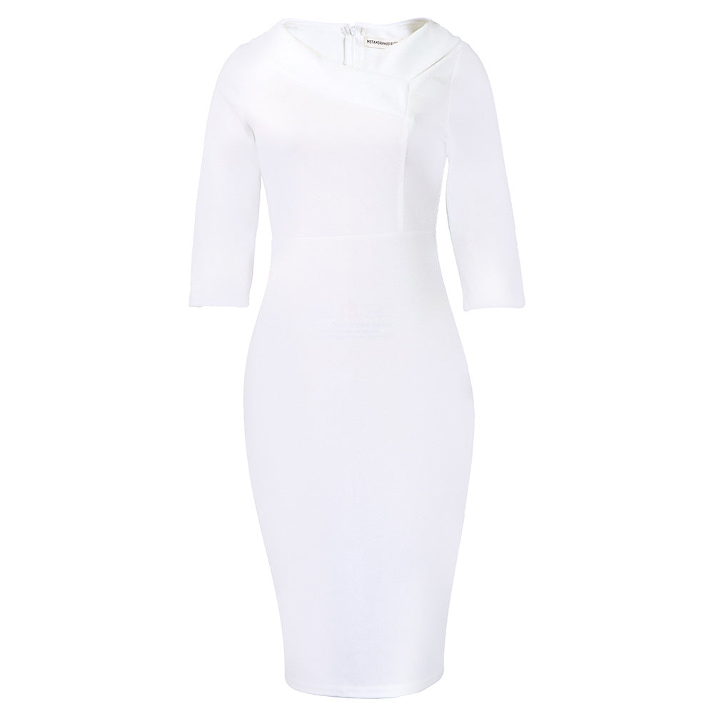 Damen Midi-Kleid Figurbetont Asymmetrischer Kragen 3/4-Ärmel Norvielle