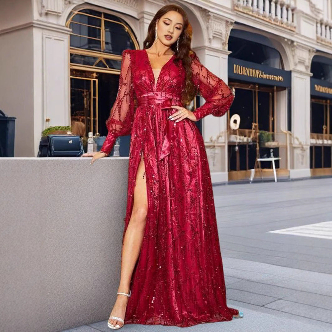 Damen Abendkleid Glitzernd V-Ausschnitt Seitenschlitz Norvielle
