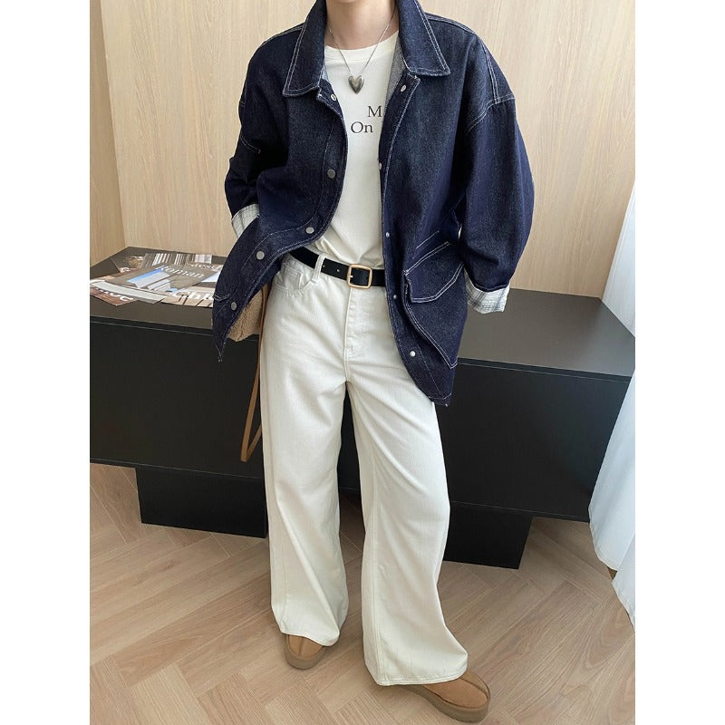 Damen Jeansjacke Vintage-Stil mit Taschen und Druckknöpfen