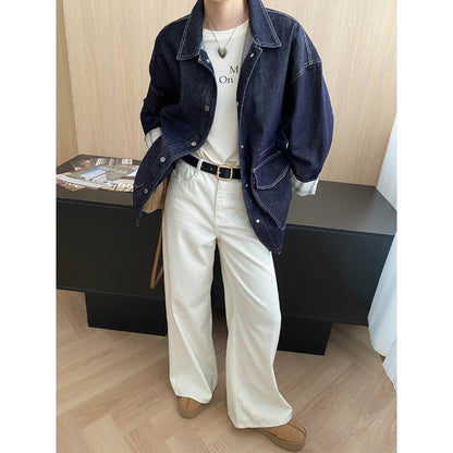 Damen Jeansjacke Vintage-Stil mit Taschen und Druckknöpfen