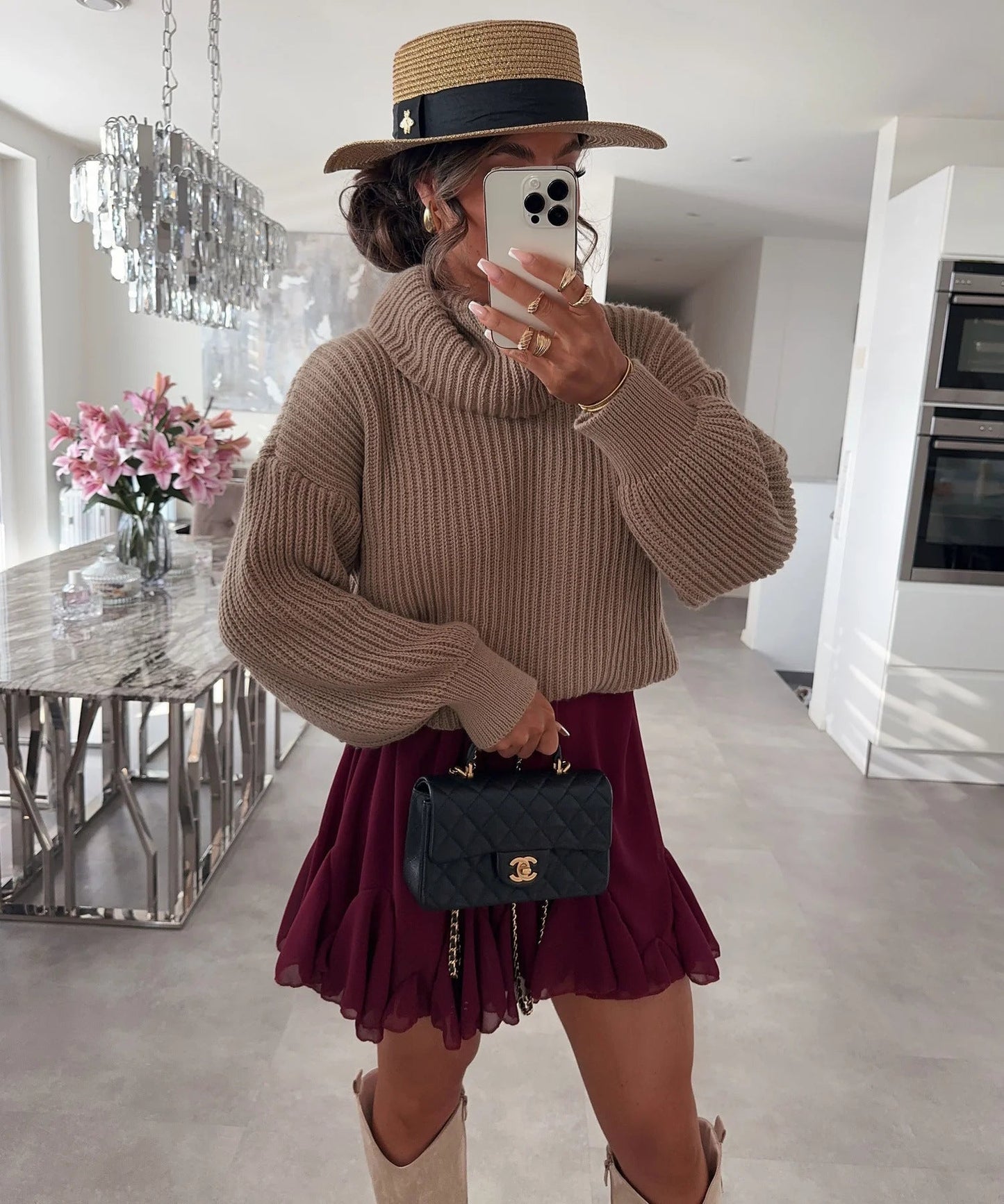 Damen Grobstrickpullover Hochkragen Weite Ärmel Norvielle