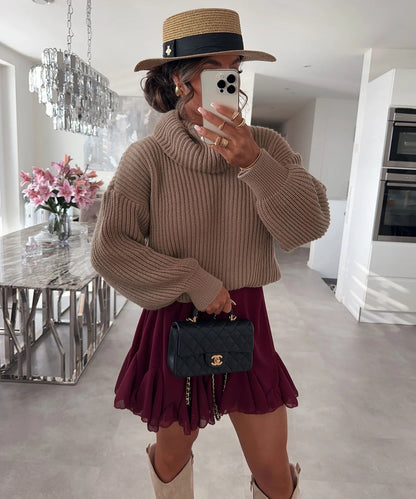 Damen Grobstrickpullover Hochkragen Weite Ärmel Norvielle