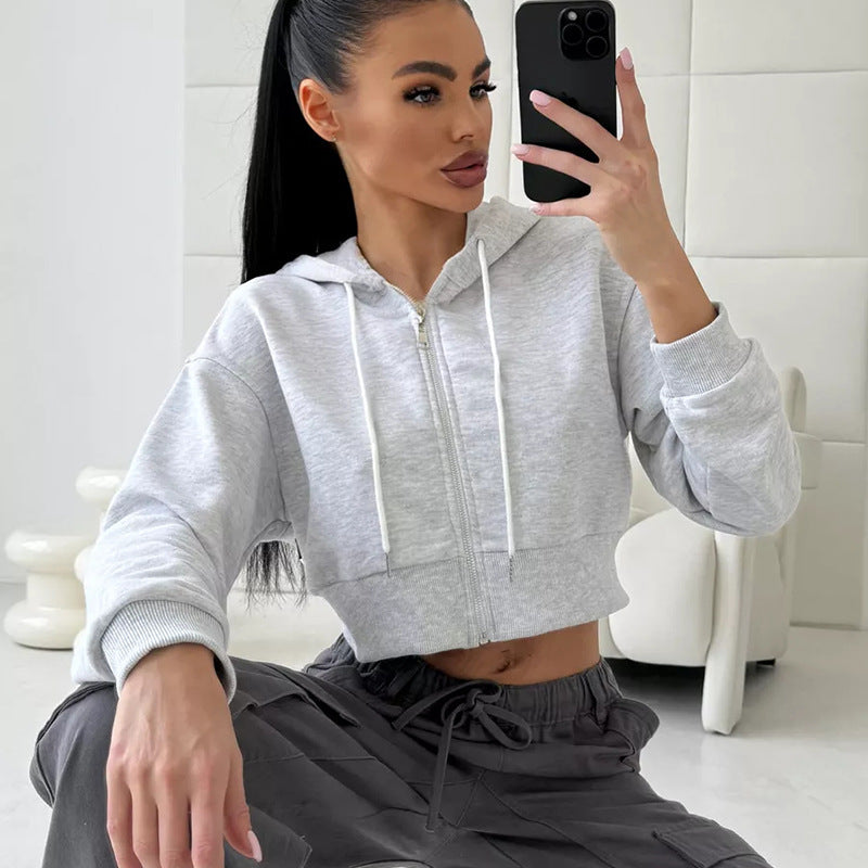 Damen Cropped Kapuzenpullover Modern Reißverschluss Lässig