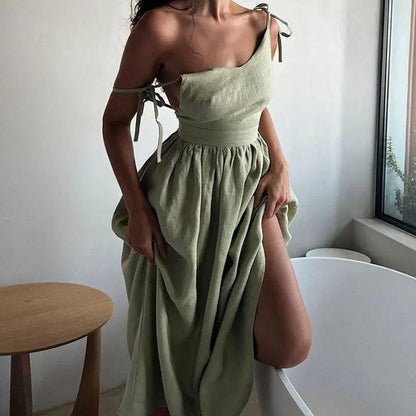 Damen Leinenkleid Lang V-Ausschnitt Tailliert Beige