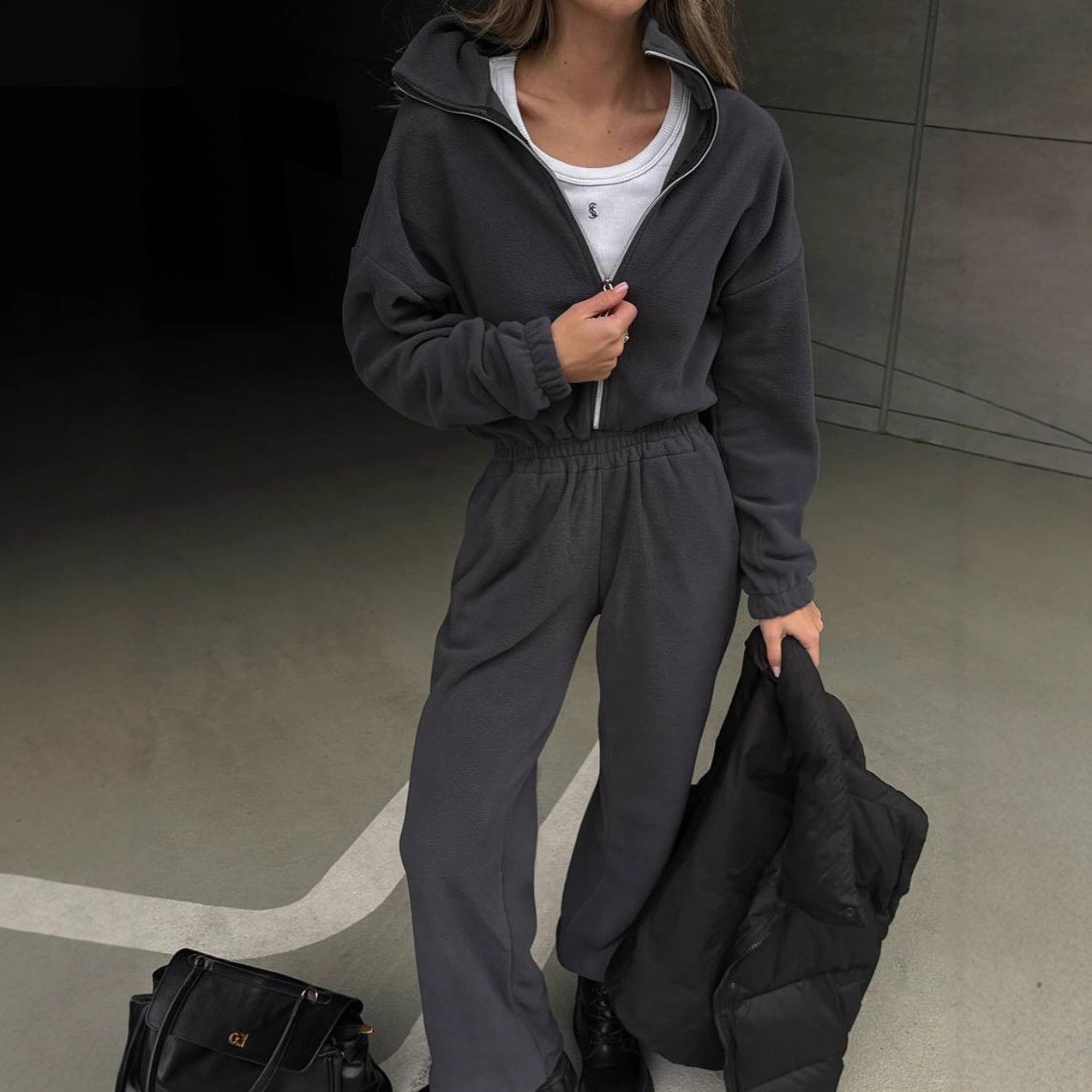 Damen Fleece Lounge Set Hochkragen Praktische Taschen Norvielle