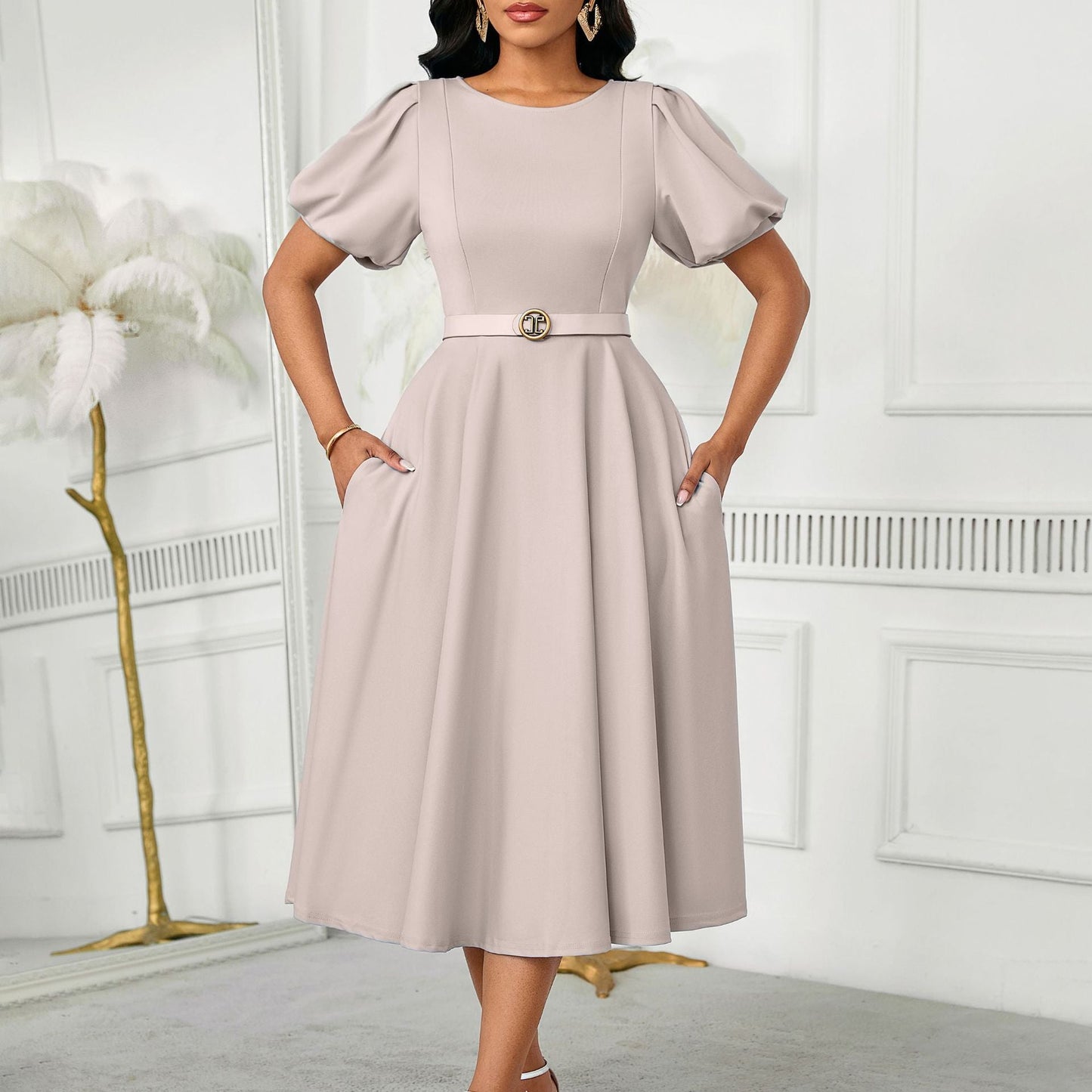 Damen Midi-Kleid Puffärmel Taillengürtel