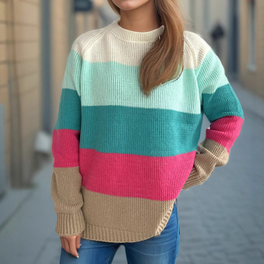 Damen Strickpullover Gestreift Bunt Lässiger Schnitt