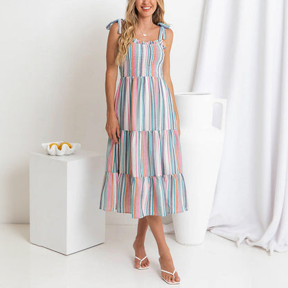 Damen Sommerkleid Rüschendetails Bunt Streifenmuster