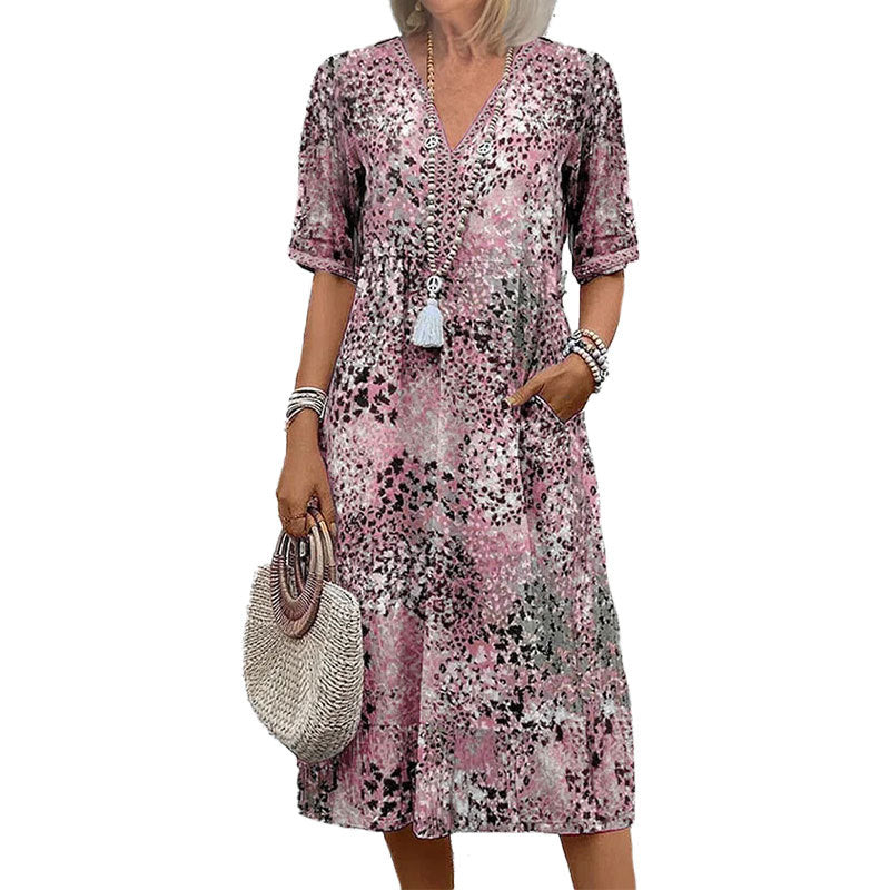 Damen Tunika-Kleid mit Muster V-Ausschnitt