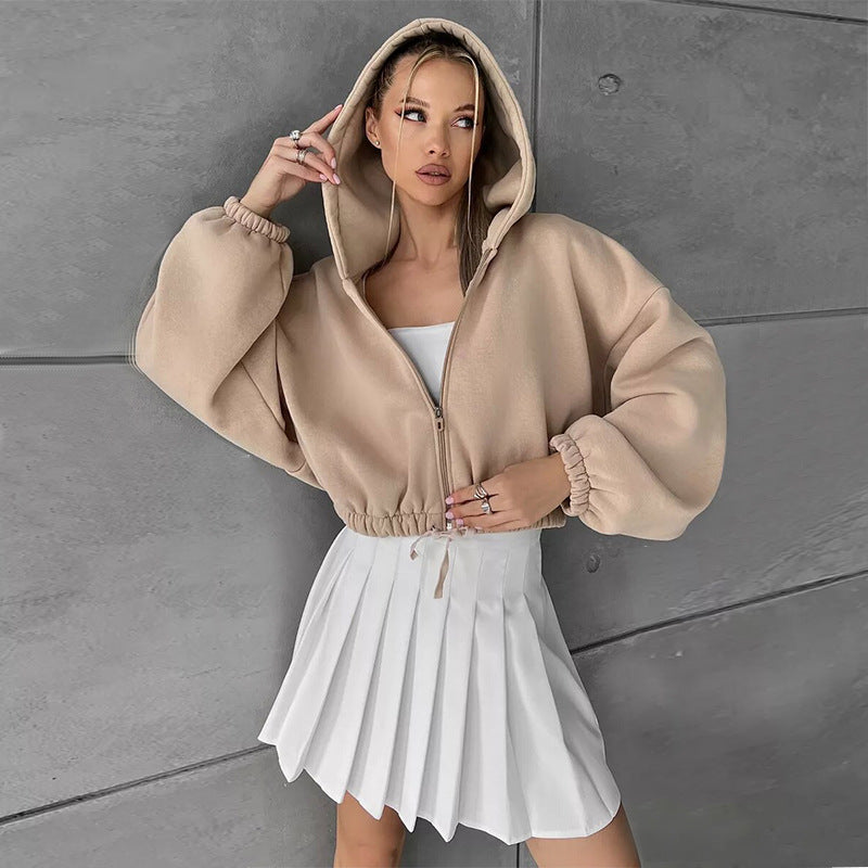 Damen Cropped Hoodie Weitem Schnitt Mit Kordelzug Schwarz - Norvielle