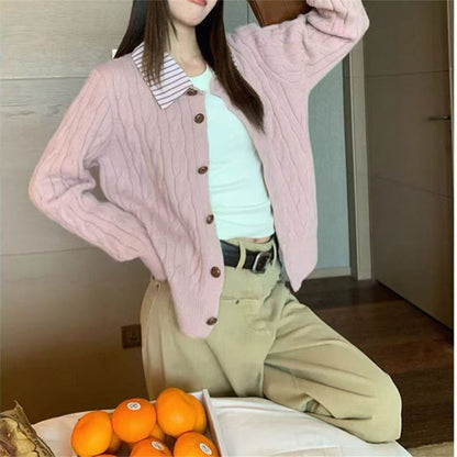 Damen Strickjacke Strukturiertes Muster Klassischer Hemdkragen Beige