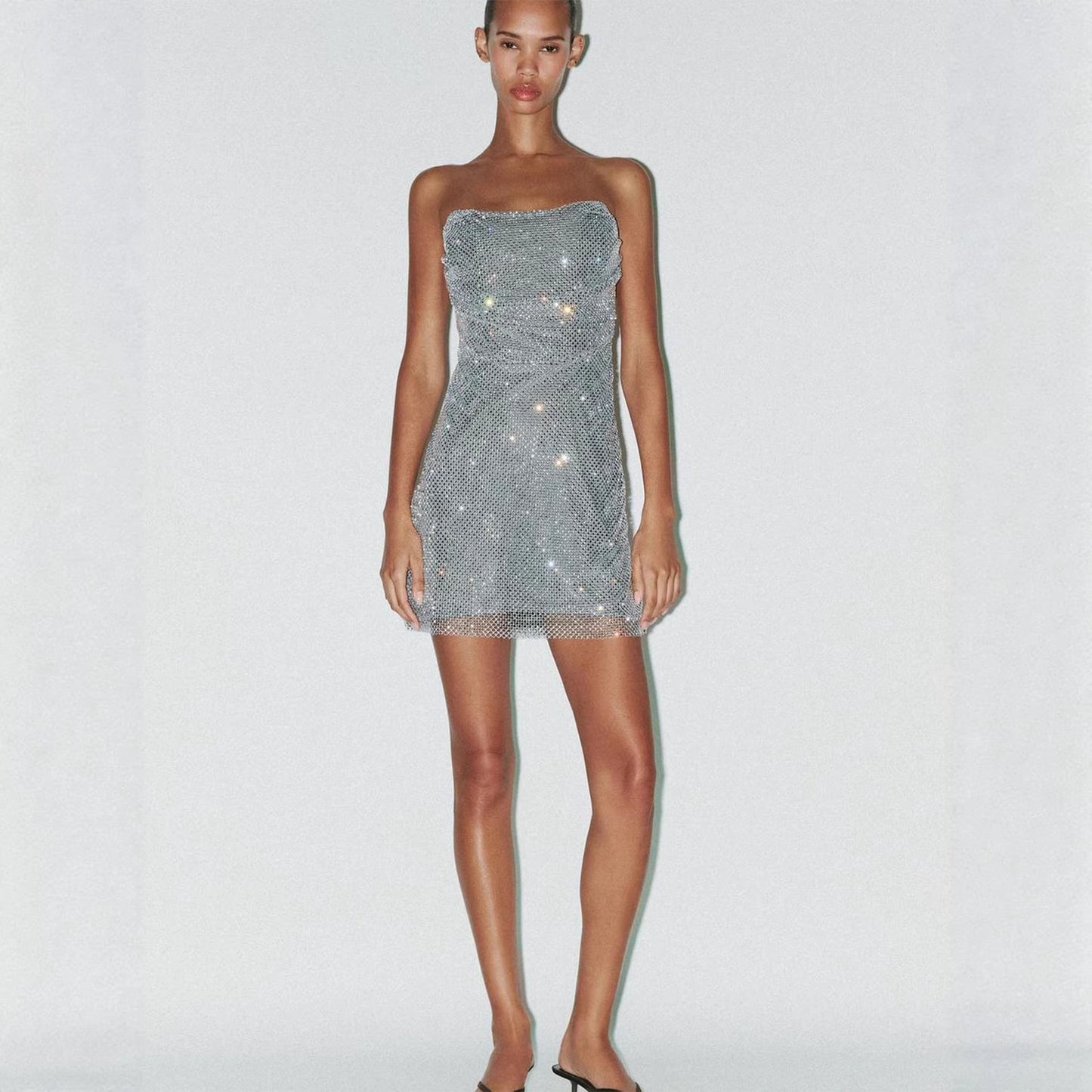 Damen Cocktailkleid Schulterfrei Glitzernd Pailletten
